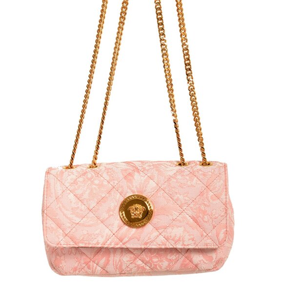 Versace Women's Small Pink Jacquard Gold Medusa Quilted Handbag Shoulder Bag - Picture 1 of 7